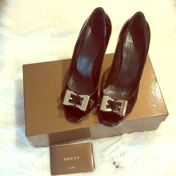 Gucci Shoes - GUCCI Peep Toe Patent Lamb Heels